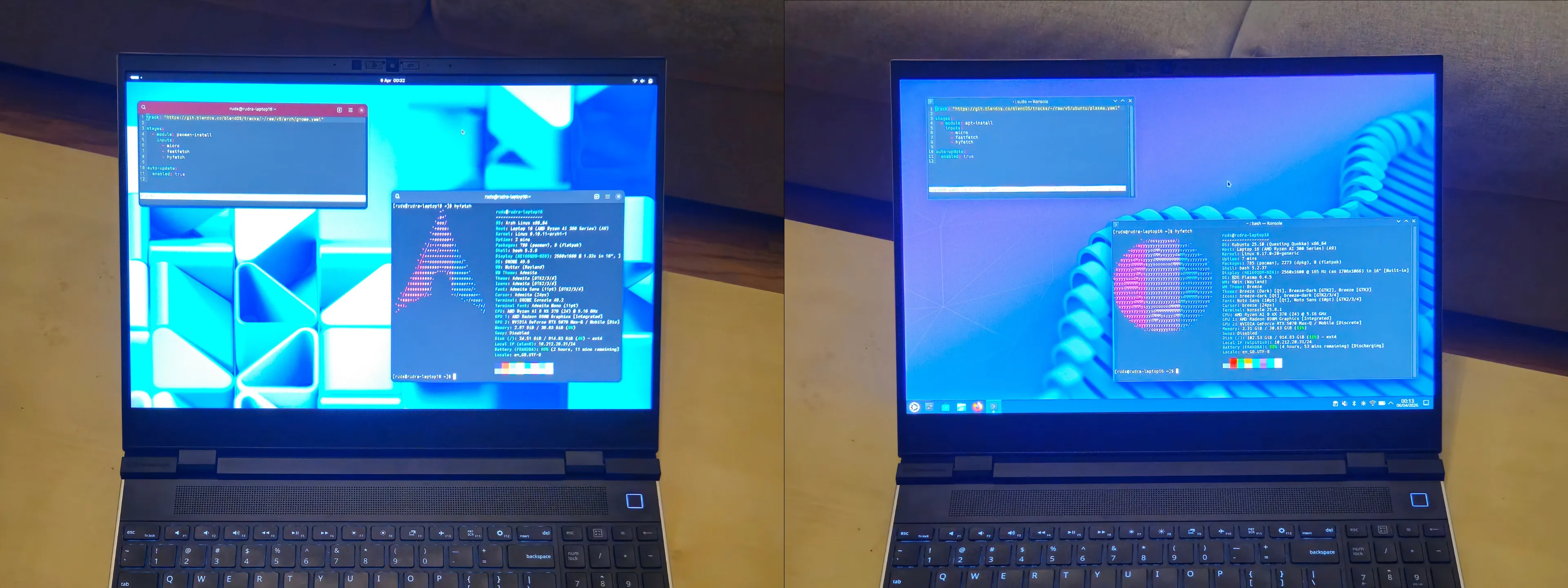 Arch-based and Kubuntu-based blendOS v5 on Framework 16